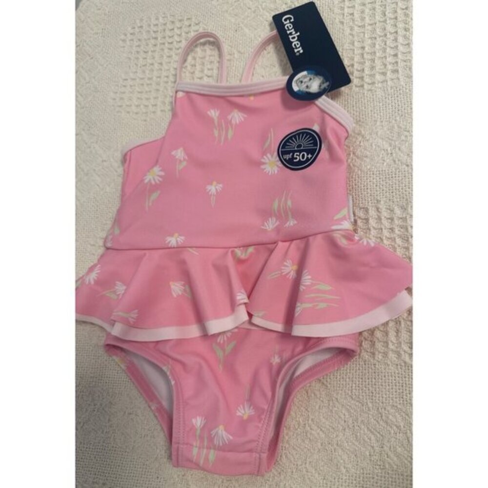 3 for $15 Gerber‎ Infant Girls Pink Daisy Ruffle Swimsuit UPF 50+ 12 Months, NWT